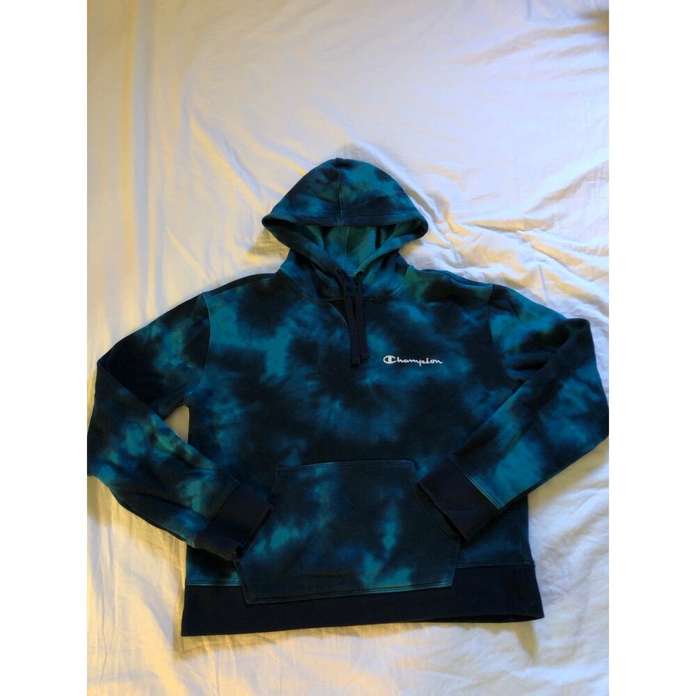 Champion blue tie dye pullover hoodie with pocket size Medium